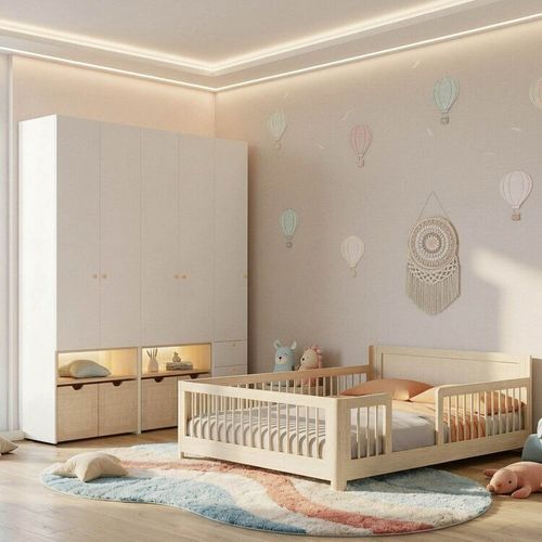 Guarda-roupa Modulado e Cama Casal Montessoriano Infantil Wave Casatema Natural/Branco