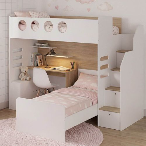 Cama Alta Office com Cama de Solteiro e Armário Baixo Star Maker Casatema Branco/Itapoã