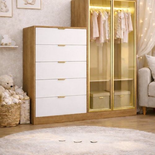 Comoda Infantil 5 Gavetas 2 Portas Reflecta Tauari Ambar/Off White