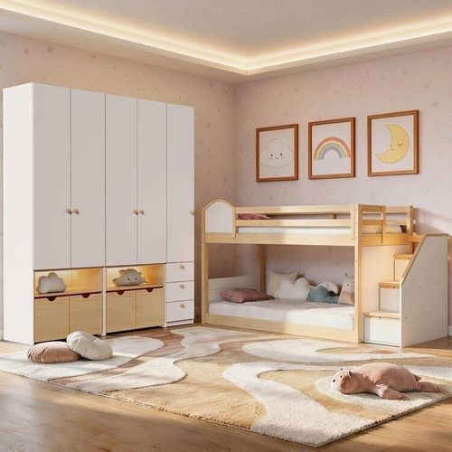 Guarda-Roupa Modulado Wave e Beliche Montessoriano New Garden Casatema Branco/Marro Branco/Natural