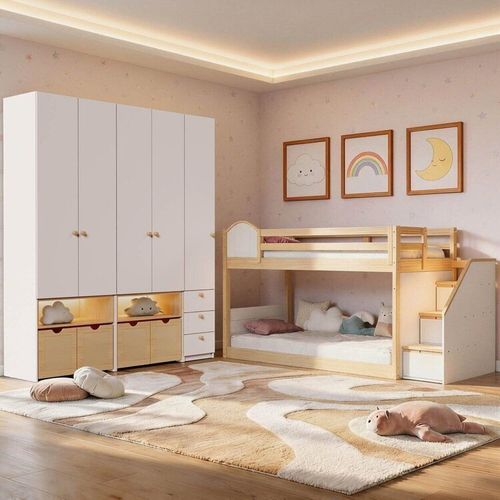 Guarda-roupa Modulado Wave e Beliche Montessoriano New Garden Casatema Branco/Natural