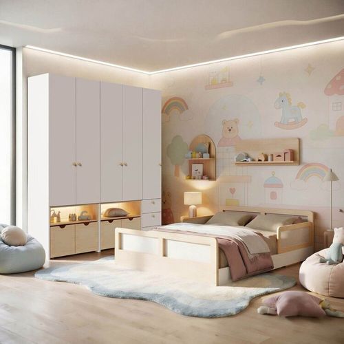 Guarda-roupa Modulado Wave e Cama Casal Lift Casatema Branco/Natural