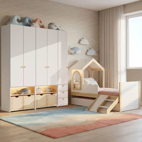 Guarda-roupa Modulado Wave e Bicama New Garden Casatema Branco/Natural