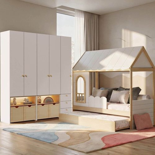 Guarda-roupa Modulado Wave e Bicama Casinha New Garden Casatema Branco/Natural