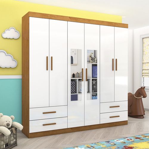Guarda-roupa 6 Portas 4 Gavetas com Espelho Infantil Perola Cinamomo/Branco
