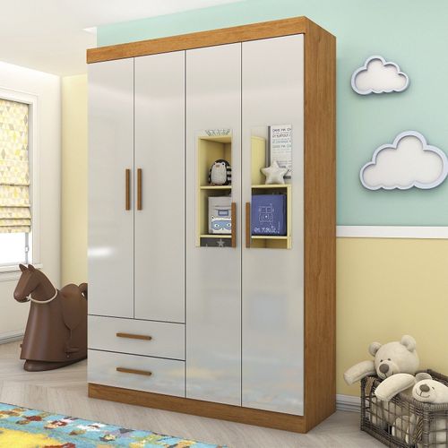 Guarda-roupa 4 Portas 2 Gavetas com Espelho Infantil Perola Cinamomo-Off White