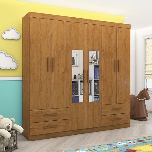 Guarda-roupa 6 Portas 4 Gavetas com Espelho Infantil Perola Cinamomo
