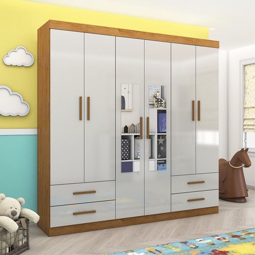 Guarda-roupa 6 Portas 4 Gavetas com Espelho Infantil Perola Cinamomo/Off White