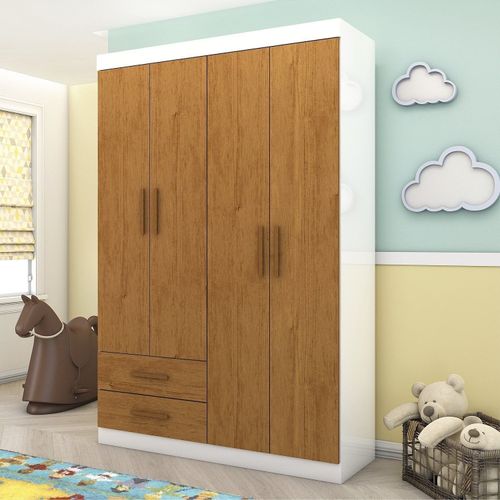 Guarda-roupa 4 Portas 2 Gavetas Infantil Perola Branco/Cinamomo
