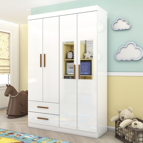 Guarda-roupa 4 Portas 2 Gavetas com Espelho Infantil Perola Branco-Branco