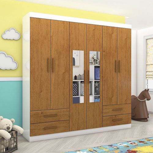 Guarda-roupa 6 Portas 4 Gavetas com Espelho Infantil Perola Branco/Cinamomo