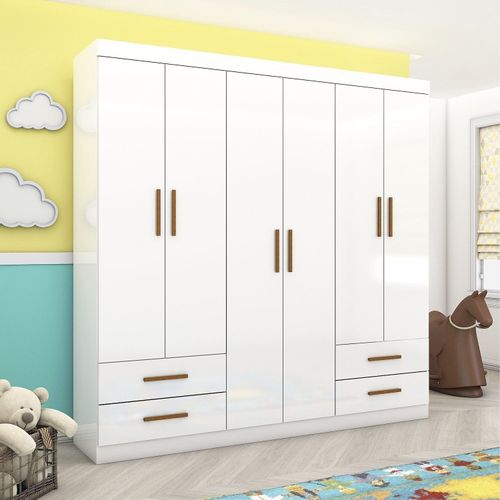 Guarda-roupa 6 Portas 4 Gavetas Infantil Perola Branco