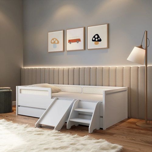 Conjunto Bicama com Escada e Escorregador Tela Rattan Divertidamente Branco