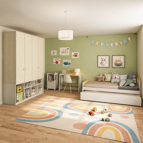 Quarto Completo Infantil Guarda-roupa Curió, Bicama, Mesa, Estante e Petit Casatema Branco/Mel