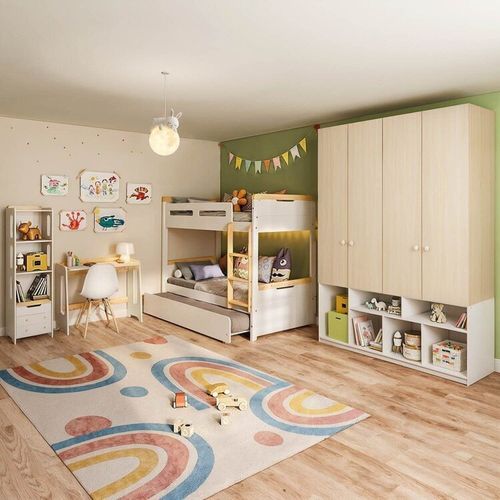 Quarto Completo Guardar-roupa Curió, Treliche, Escrivaninha, Estante Petit Casatema Branco/Mel