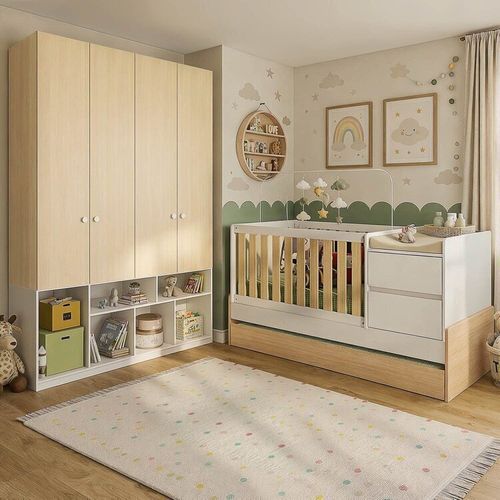 Conjunto Quarto de Bebê Berço Multifuncional Auri e Guarda Roupa Curió Madeiraoriginals Branco/Mel
