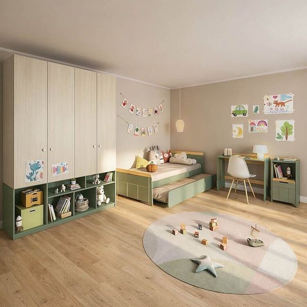 Quarto Completo Guardar-roupa Curió, Bicama, Escrivaninha e Estante Petit Casatema Verde/Mel