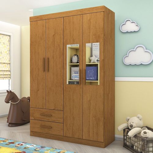 Guarda-roupa 4 Portas 2 Gavetas com Espelho Infantil Perola Cinamomo