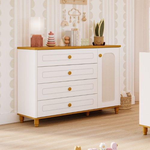 Cômoda de Bebê com 4 Gavetas 1 Porta Bala de Coco Expresso Móveis Branco/Nature Branco/Nature