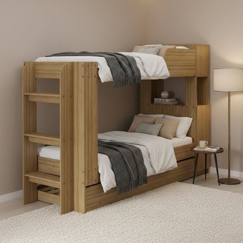Treliche com Cama Auxiliar Adulto Junevil Baú Superior com Escadas Armário de 1 Porta Treliche Amendoa