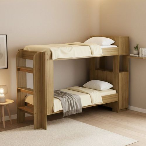 Cama Beliche Adulto Junevil Baú Superior com Escadas Armário de 1 Porta Amendoa