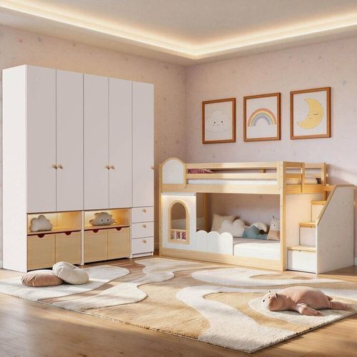 Guarda-roupa Modulado Wave e Beliche Montessoriano com Janela New Garden Casatema Branco/Natural