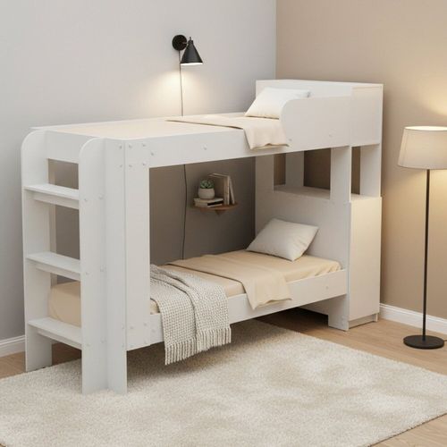 Cama Beliche Adulto Junevil Baú Superior com Escadas Armário de 1 Porta Branco Pint
