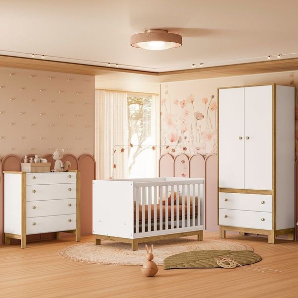 Quarto de Bebê Completo 3 Peças Berço, Cômoda e Guarda-Roupa Doce Encanto Espresso Moveis Branco Branco Acetinado
