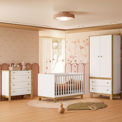 Quarto de Bebê Completo 3 Peças Berço, Cômoda e Guarda-Roupa Doce Encanto Espresso Moveis Branco Branco Acetinado