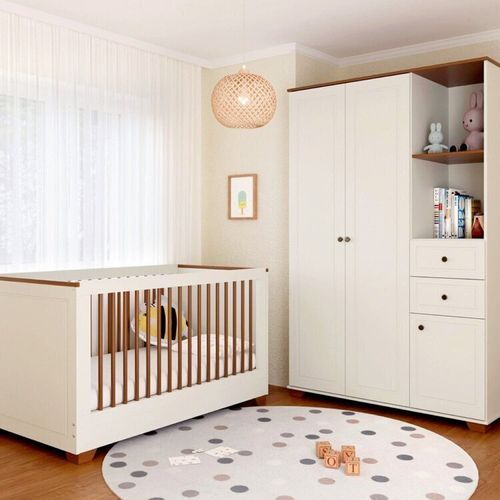 Quarto de Bebê Completo com Berço com Colchão e Guarda-roupa Baby Ananda Casatema OffWhite/Mel