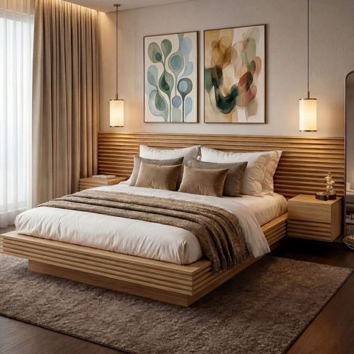 Cama Casal/Queen com Cabeceira e Mesa de Apoio Samambaia CabeCasa MadeiraOriginals Carvalho