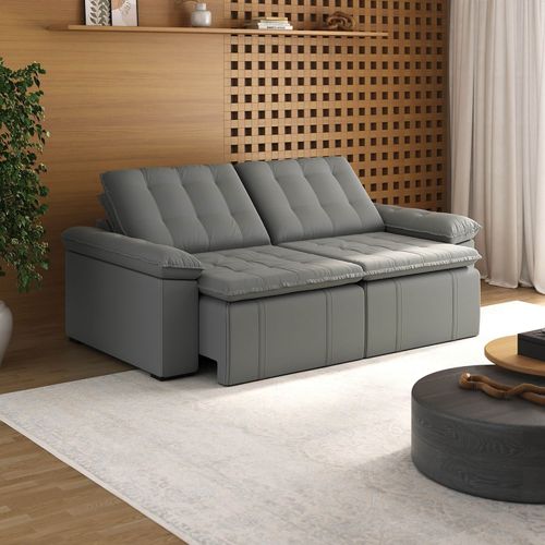 Sofá Cama Retrátil e Reclinável 4 Lugares 240cm Veludo com Molas Palmeira CabeCasa MadeiraOriginals Cinza Cinza
