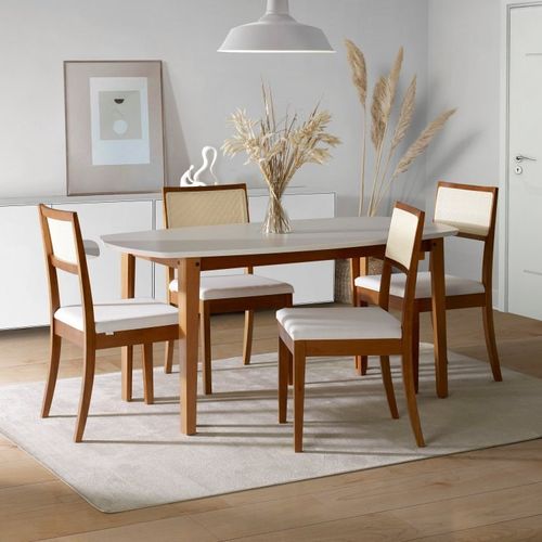 Conjunto Mesa Extensível Oval 4 Cadeiras Madeira Maciça Encosto Telado Tiê CabeCasa MadeiraOriginals Amêndoa/Off White