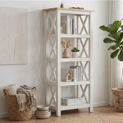 Estante de Livros 4 Prateleiras Madeira Maciça Branco 138x62cm Vanilla Yescasa Amêndoa/Branco