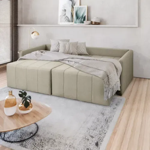 Sofá Cama Baraúna Retrátil e Reclinável 3 lugares 2,25m em Linho CabeCasa MadeiraOriginals Bege Bronze Bronze