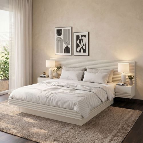 Cama Casal/Queen com Cabeceira e Mesa de Apoio Samambaia CabeCasa MadeiraOriginals Off White