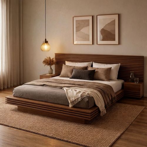 Cama Casal/Queen com Cabeceira e Mesa de Apoio Samambaia CabeCasa MadeiraOriginals Freijó
