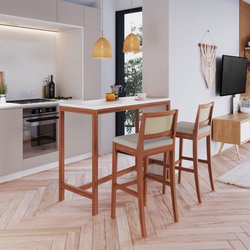 Conjunto Mesa e 2 Banquetas Bistrô Tiê CabeCasa MadeiraOriginals Amêndoa/Off White