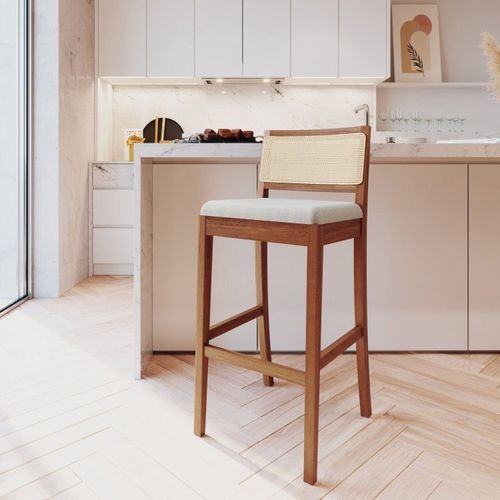 Conjunto 2 Banquetas com Encosto e Apoio para Pés Tiê CabeCasa MadeiraOriginals Amêndoa/Off White