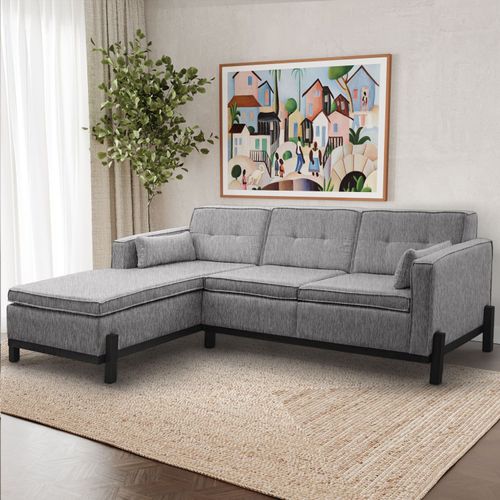 Sofá 3 Lugares com Chaise Lado Direito 212cm em Linho Tiê CabeCasa MadeiraOriginals Cinza Cinza