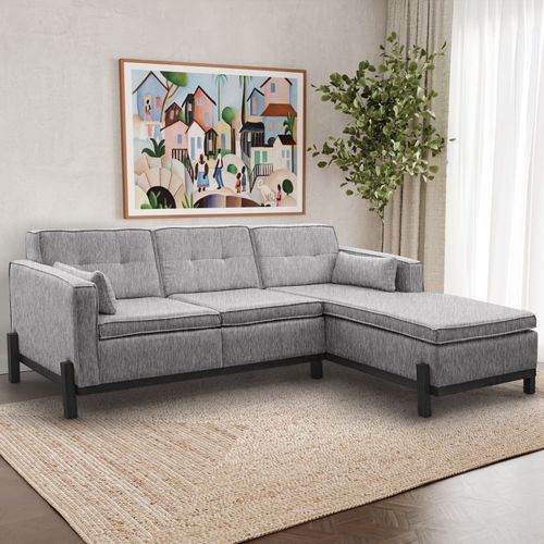 Sofá 3 Lugares com Chaise Lado Esquerdo 212cm em Linho Tiê CabeCasa MadeiraOriginals Cinza Cinza