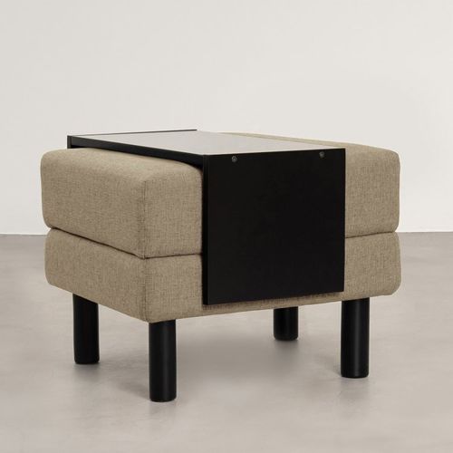 Conjunto Puff Baú 60cm e Bandeja Antúrio CabeCasa MadeiraOriginals Bege Bege/Preto