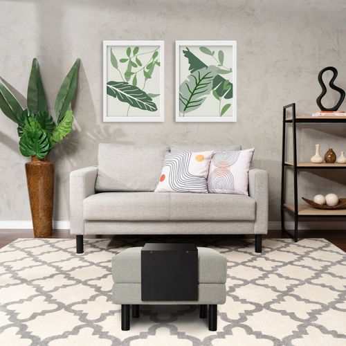 Conjunto Sofá 2 Lugares com Puff Baú 60cm e Bandeja Antúrio CabeCasa MadeiraOriginals Cinza Cinza