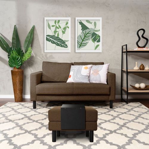Conjunto Sofá 2 Lugares com Puff Baú 60cm e Bandeja Antúrio CabeCasa MadeiraOriginals Marrom Marrom