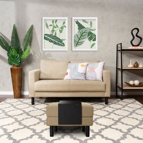 Conjunto Sofá 2 Lugares com Puff Baú 60cm e Bandeja Antúrio CabeCasa MadeiraOriginals Bege Bege