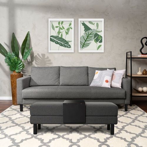 Conjunto Sofá 3 Lugares com Puff Baú 120cm e Bandeja Antúrio CabeCasa MadeiraOriginals Cinza Grafite Grafite