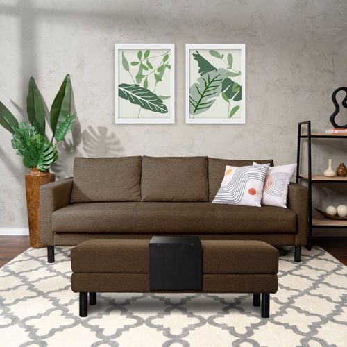 Conjunto Sofá 3 Lugares com Puff Baú 120cm e Bandeja Antúrio CabeCasa MadeiraOriginals Marrom Marrom
