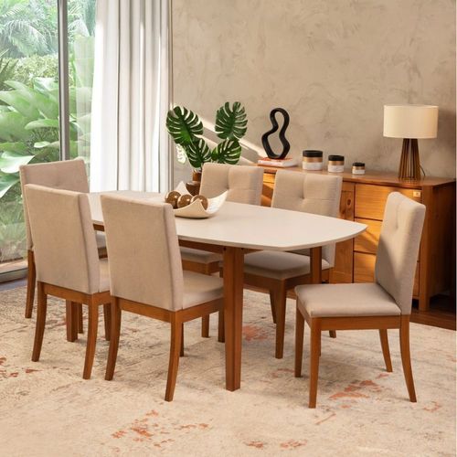 Conjunto Mesa Tiê e 6 Cadeiras Tiê Maxx CabeCasa MadeiraOriginals Bege/Amêndoa