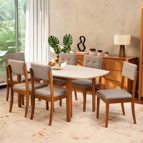 Conjunto Mesa de Jantar e 6 Cadeiras Tiê CabeCasa MadeiraOriginals Amêndoa/Cinza