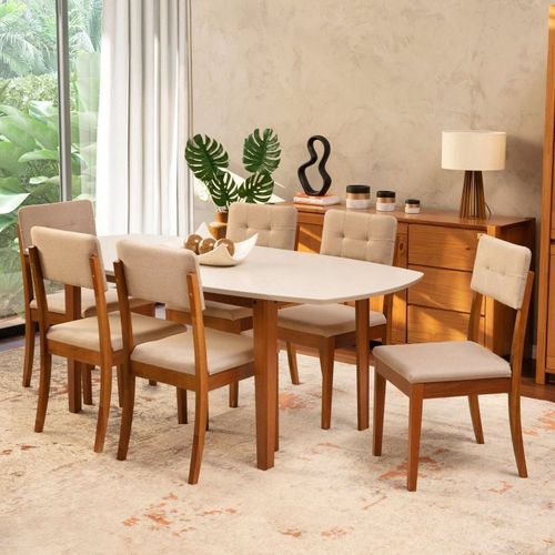 Conjunto Mesa de Jantar e 6 Cadeiras Tiê CabeCasa MadeiraOriginals Amêndoa/Off White/Bege